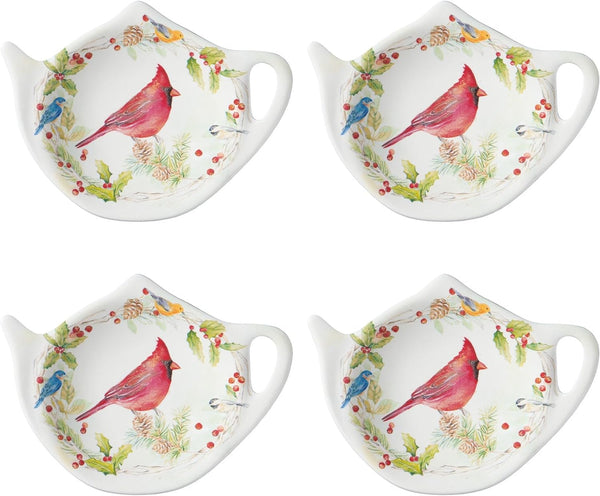 Supreme Housewares Tea Bag Holder Set of 4, Teapot Shaped Tea Bag Coasters Spoon Rests Saucer Seasoning Dish Set TeaBag Holder (Winter Birds)