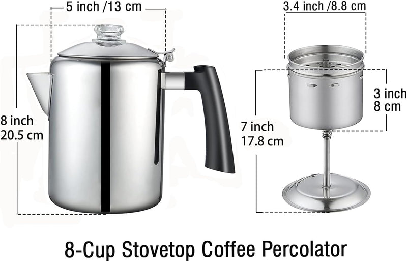 Cook N Home 8-Cup Stainless Steel Stovetop Coffee Percolator Pot Kettle, Tea