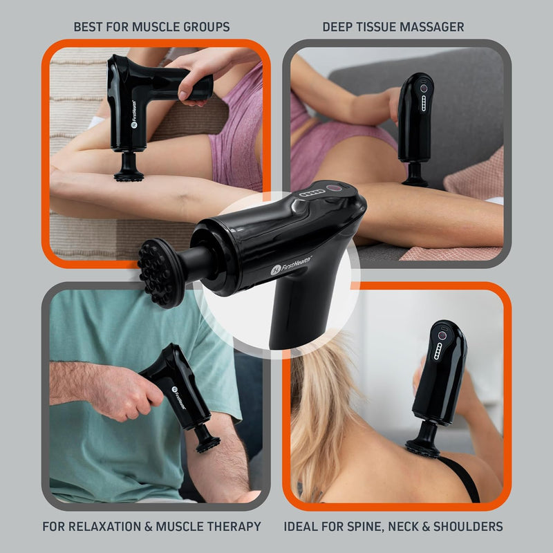 FIRSTHEALTH Mini Massage Gun | Portable, Cordless, Rechargeable Handheld Percussion | Mini Muscle Massager w/ 5 Speed Settings, 4 Attachment Heads | Use for Neck Massage, Back Massage, Tension Relief