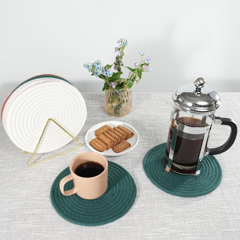 Trivets Set Pot Holders Set Coasters for Countertops Hot Mats Hot Pads 8 Inch Cotton Potholders for Kitchen Ideal for Hot Dishes, Pots, Pans, Teapots, Bowl and Plates 5 pcs Dark Green