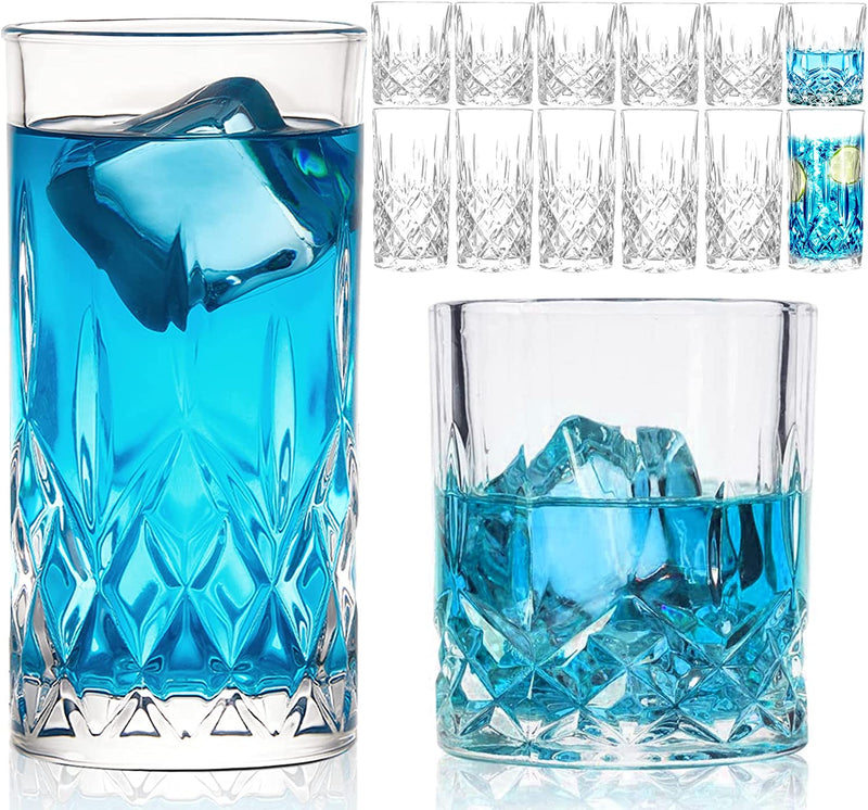 Claplante Drinking Glasses, 12 Piece Crystal Glass Cups, Mixed Glassware Set, 6 pcs Crystal Old Fashioned 11oz Highballs and 6 pcs 11oz Whiskey Glasses, Great for Cocktail, Whisky and other Beverages