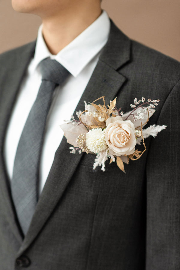 Grooms White  Beige Pocket Square Boutonniere