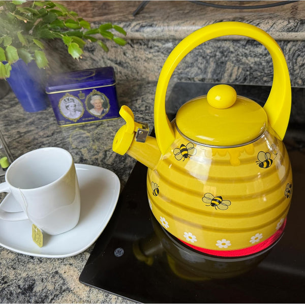 Trenton Gifts Bee Hive Design Enamel Tea Kettle - Whistling Stove Top Teakettle, Cute Kitchen Accessories 2.3 Quart