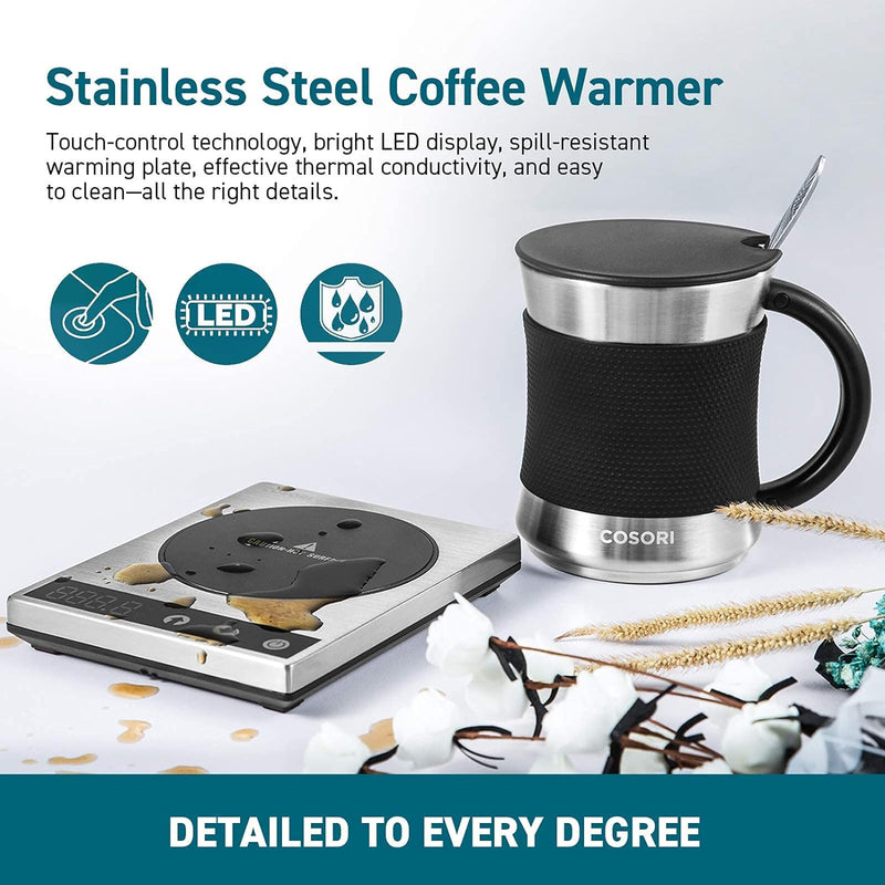 COSORI Coffee Mug Warmer & Mug Set for Desk, Cup Heater, Office & Christmas Gifts, 1°F Precise Temperature Control, Touch Tech & LCD Digital Display (77-194℉), 304 Stainless Steel