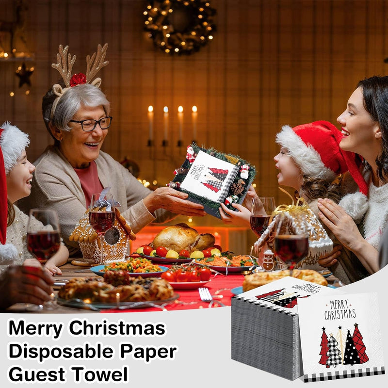 100 Pcs Christmas Napkins Bulk Holiday Disposable Paper Guest Hand Towel Christmas Tree Cocktail Napkins Merry Christmas Hand Napkins for Home Kitchen Winter Xmas Party (13 x 13 Inch Unfolded)