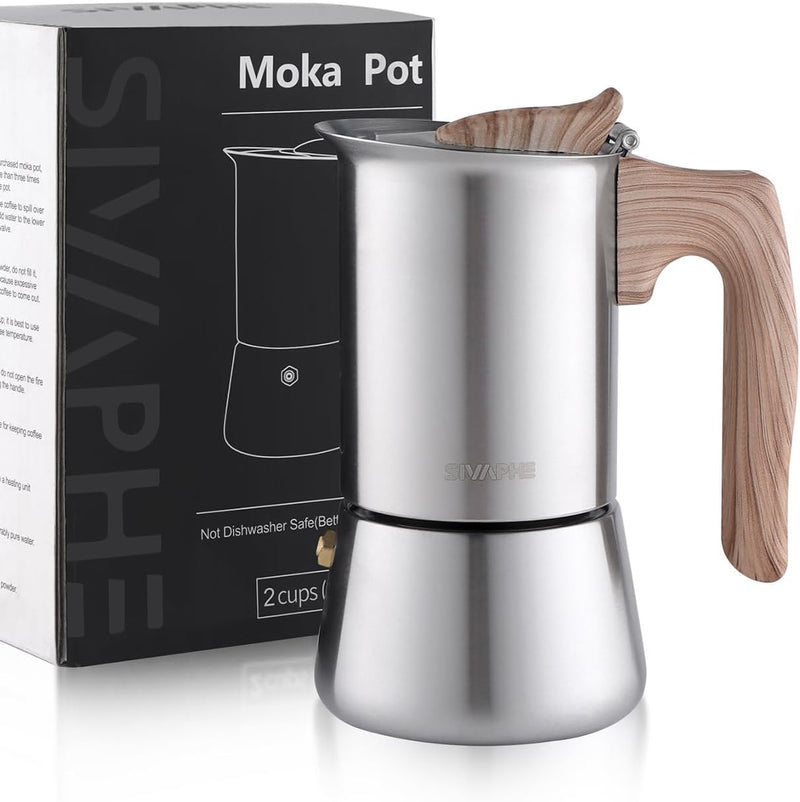 Sivaphe Stovetop Espresso Maker Stainless Steel 9 Cups, Induction-Capable Mocha Pot 450ml, Coffee Percolator with Step-by-step Instructions (1 Cup=50ml)