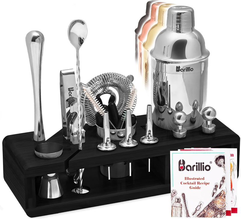 23-Piece Bartender Kit Cocktail Shaker Set by BARILLIO: Stainless Steel Bar Tools with Sleek Bamboo Stand, Velvet Carry Bag & Recipes Booklet… (Silver, Bamboo)