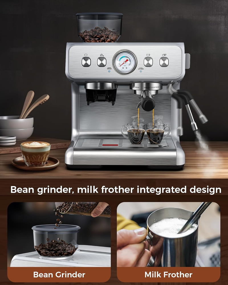 COWSAR Espresso Machine 15 Bar, Semi-Automatic Espresso Maker with Bean Grinder and Milk Frother Steam Wand, 75 oz Removable Water Tank for Cappuccino, Latte, Stainless Steel