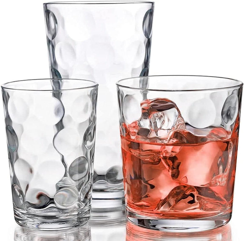 Elegant Glassware Set - 12 Piece Tumbler Drinking Glasses - Set of 4-17oz Highball Glasses, 4-13oz DOF Rock Glasses, 4-7oz Juice Glasses for Mixed Drinks, Water, Juice, Beer, Wine, Hurricane Glasses