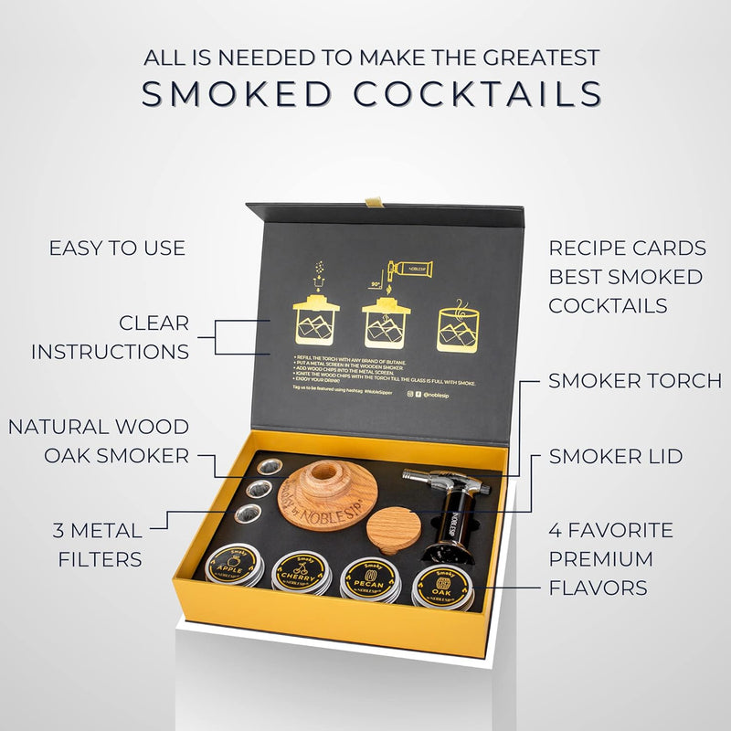 Whiskey Smoker Kit SMOKY PREMIUM, all in 1 Bar Set to easy smoke Cocktail Drinks, Whisky, Scotch, Bourbon, Old Fashioned. Designer gift box, Selected Flavors, Cocktail Recipes. Unique whiskey man gift