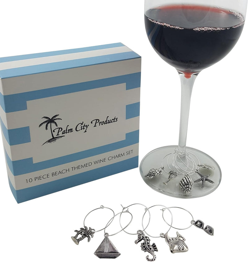 Palm City Products Bundle of Two Wine Charm Sets - 18 Pieces Total, Beach and Wine Themes