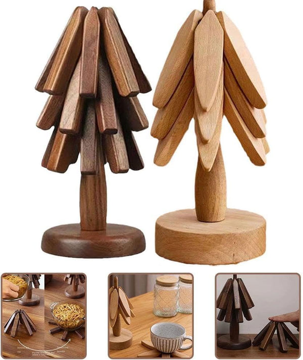 Wooden Trivets for Hot Dishes Tree Shape Trivet Set Coaster for Teapot Hot Pots and Pans 3 Pcs Foldable Tree Shape Heat Resistant Hot Pads for Kitchen Counter (Black Walnut)