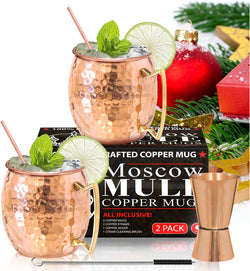 Benicci Moscow Mule Copper Mugs - Set of 2, 100% HANDCRAFTED - Food Safe Pure Solid Copper Mugs - 16 oz Gift Set with Premium Quality Cocktail Copper Straws, Straw Cleaning Brush and Jigger!