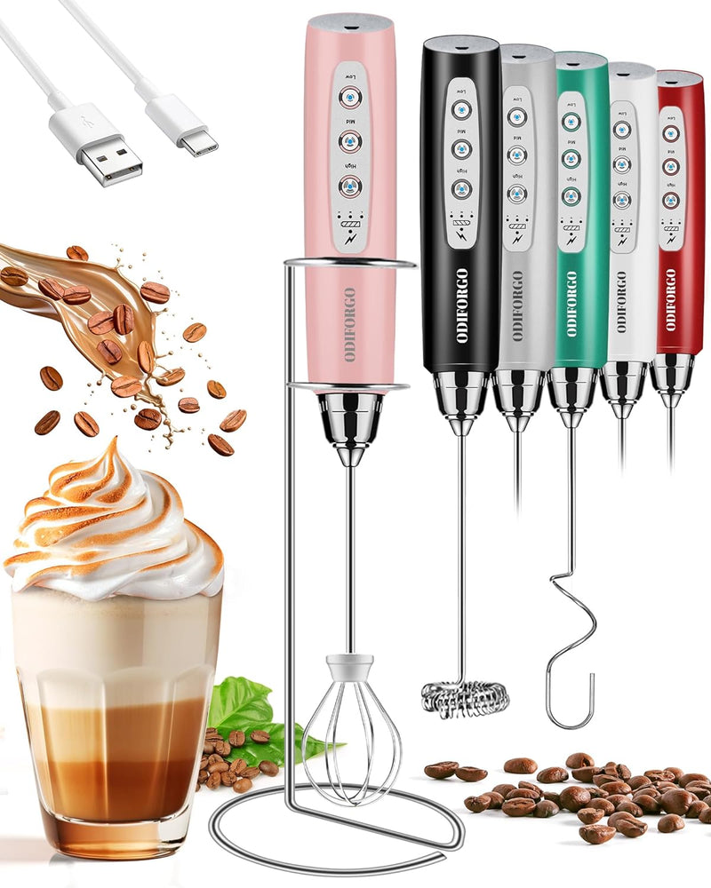 ODIFORGO Rechargeable Milk Frother Handheld, Electric Drink Mixer with 3 Stainless Whisks 3 Speed Adjustable, Coffee Foam Maker, Electric Whisk, Coffee Frother Wand for Latte Matcha Protein Powder