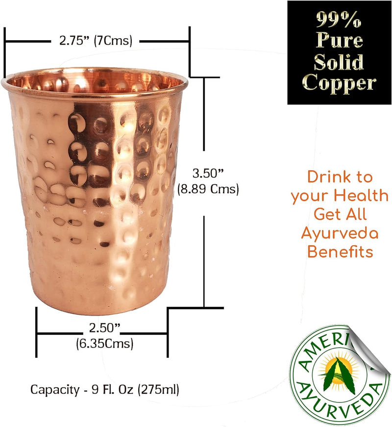 A American Ayurveda Hand Crafted Premium Quality Unlined 99% Pure Copper Cups Glasses Moscow Mule Tumbler Minimalist Design (2 pack, 99% Pure Copper Hammered Finish)