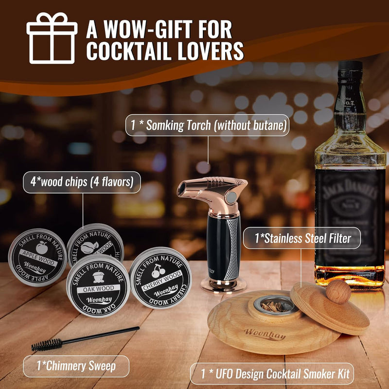 Old Fashioned Cocktail Smoker Kit with Torch, Whiskey Gifts for Men, 4 Flavors Wood Chips, Drink Smoker for Cocktails/Wine/Whiskey/Bourbon, Ideal Gifts for Men, Dad, Husband (No Butane)
