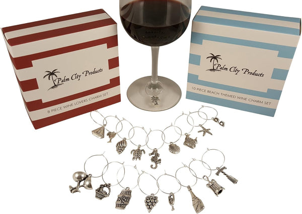 Palm City Products Bundle of Two Wine Charm Sets - 18 Pieces Total, Beach and Wine Themes