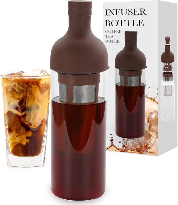 Cold Brew Bottle, 27oz Wine Bottle Shape Tumbler for Iced Coffee or Tea Infuser with Removable Filter- Heatproof Glass, Easy To Hold and Pour