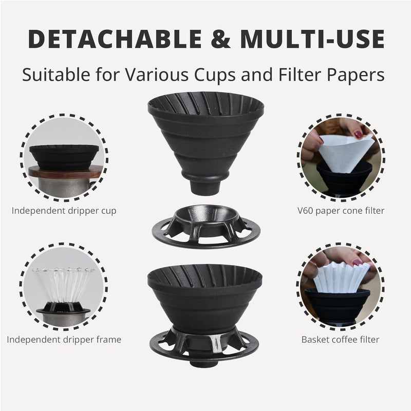 VANDROOP Collapsible Coffee Dripper, Silicone Reusable Pour Over Coffee Maker, Pour Over Coffee Dripper for Camping, Business Trip, Home＆Office, Single Clever Coffee Dripper (Black, 1-2 Cup)