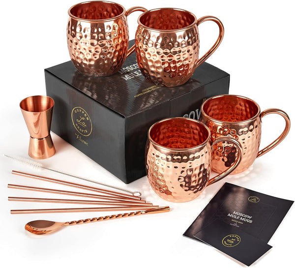 ALARUE Moscow Mule Copper Mugs Set - 4 Authentic Handcrafted Mugs (16 oz.) with 4 Copper Straws, Stirrer and Jigger - Food Safe Pure Solid Copper - Gift set with Recipe Book