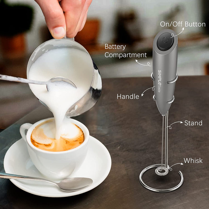 SIMPLETaste Milk Frother Handheld Battery Operated Electric Foam Maker, Drink Mixer with Stainless Steel Whisk and Stand for Cappuccino, Bulletproof Coffee, Latte