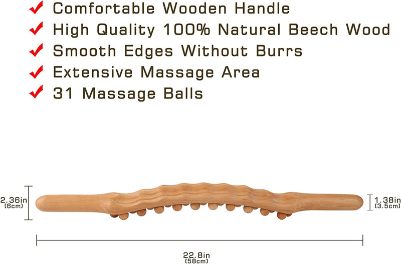 Wood Therapy Massage Roller Stick Tools, for Lymphatic Drainage, Anti Cellulite, Body Sculpting,Ease Neck Back Waist and Leg Pain Handheld Massage Stick (31Beads) (Wood Color)