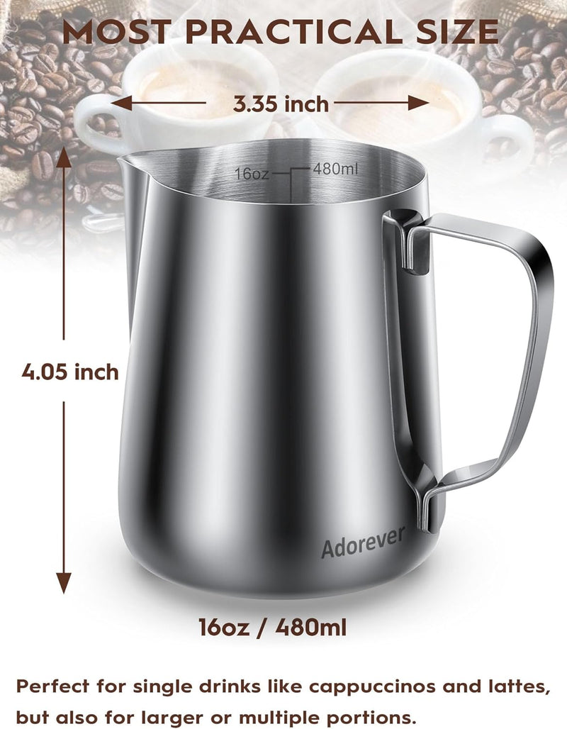 Milk Frothing Pitcher, 16oz 480ml Milk Frother Cup Stainless Steel Steaming Pitcher, Coffee Bar Cappuccino Espresso Machine Accessories Barista Tools, Metal Steamer Cup Mug Milk Jug with Latte Art Pen