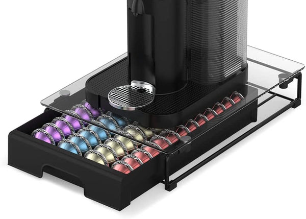 EVERIE Crystal Tempered Glass Organizer Drawer Holder Compatible with Nespresso Vertuo Capsules, Compatible with 40 Big or 52 Small Vertuoline Pods, 12'' Wide by 15.6'' Deep by 3.5'' High