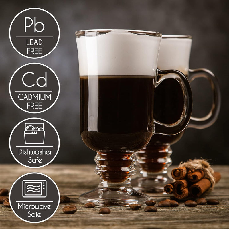 Volarium Irish Glass Coffee Mugs, Latte Cups, Set of 2 Cappuccino and Hot Chocolate Mugs with Handle, Clear Glass Mugs for Hot Beverages, 7 3/4 oz