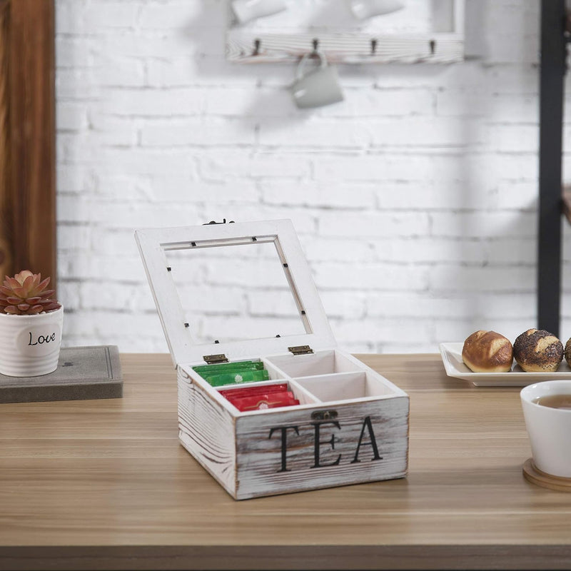 MyGift Shabby Whitewashed Solid Wood Tea Box Organizer with 4 Compartments, Teabag Storage Chest with Clear Acrylic Lid and Latch