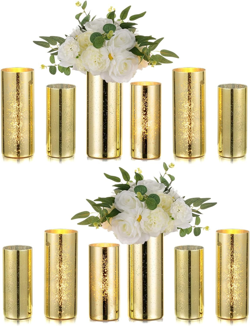 Hewory Glass Hurricane Candle Holder: 6 Pcs Gold Candle Holders for Table Centerpieces, Mercury Glass Candle Holder for Pillar Candles, Glass Cylinder Vases for Christmas Wedding Party Holiday Decor