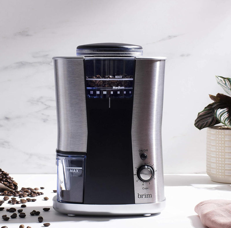 BRIM Conical Burr Coffee Grinder, Uniformly Grinds Beans for 1-17 Cups of Coffee, Features Removable Bean Container, 17 Precise Grind Size Settings, and Convenient Auto Shut Off, Stainless Steel/Black