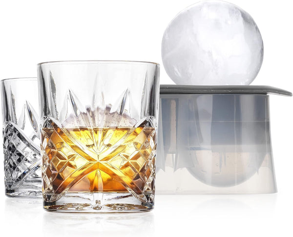 Godinger Whiskey Glasses and Sphere Ice Ball Maker Ice Mold Whiskey Chilling Barware Set, Drinking Glasses, Rocks Glasses, Gifts for Men - Set of 2