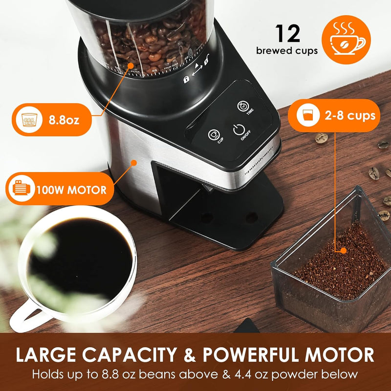 spoonlemon Conical Burr Coffee Grinder, Coffee Grinder Electric with Adjustable 60 Grind Settings, Touchscreen Burr Grinders for Coffee Beans with Precision Electronic Timer, Stainless Steel for Home