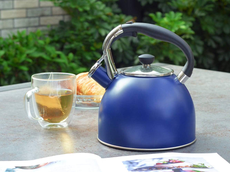 Rorence Stainless Steel Whistling kettle: 2.6 Quart with Capsule Bottom & Heat-resistant Glass Lid – Navy Blue