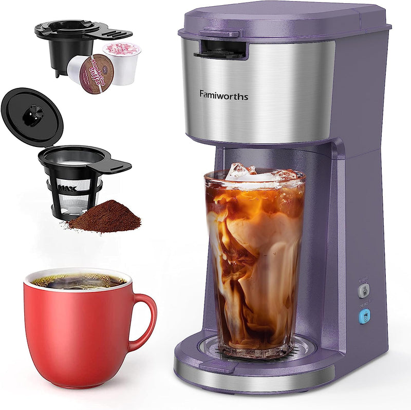 Famiworths Iced Coffee Maker, Hot and Cold Coffee Maker Single Serve for K Cup and Ground, with Descaling Reminder and Self Cleaning, Iced Coffee Machine for Home, Office and RV