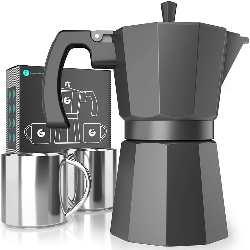 Coffee Gator Moka Pot - 6 Cup, Stovetop Espresso Maker - Classic Italian and Cuban Coffee Percolator w/ 2 Stainless-Steel Cups – Matte Grey Aluminum