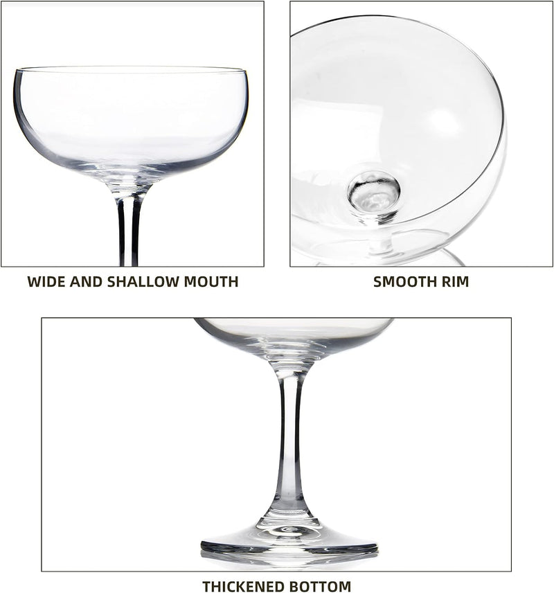 FAWLES Crystal Coupe Glasses, Set of 6, 7 Ounce(220ml), Elegant Short Stem Design, Clear Cocktail Glasses Sets Perfect for Drinking Champagne, Sweet Wine, etc.