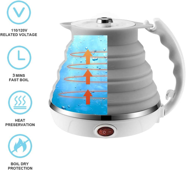110V 555ML Ultrathin Travel Foldable Electric Kettle with Separable Power Cord and Handle, Boil Dry Protection, Food Grade Silicone