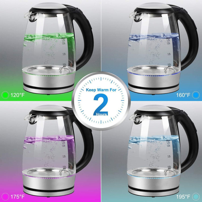 Electric Kettle Temperature Control Glass Hot Water Boiler with 4 Colors LED Indicator Tea Heater Fast Heating with Keep Warm Function Auto Shut Off and Boil Dry Protection (1.7L)