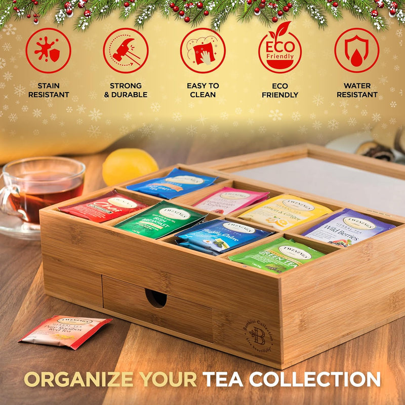 Tea Bag Organizer - Tea Organizer: Wooden Tea Box with 8 Compartments, Acrylic Window, and Magnetic Lid, Made of Bamboo - Keeps Tea Bags Fresh (Tea Not Included) - Ideal Christmas Gifts