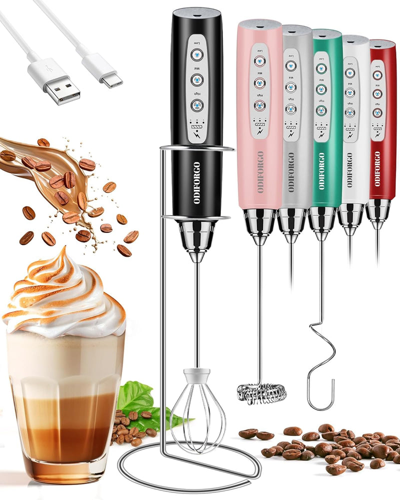 ODIFORGO Rechargeable Milk Frother Handheld, Electric Drink Mixer with 3 Stainless Whisks 3 Speed Adjustable, Coffee Foam Maker, Electric Whisk, Coffee Frother Wand for Latte Matcha Protein Powder