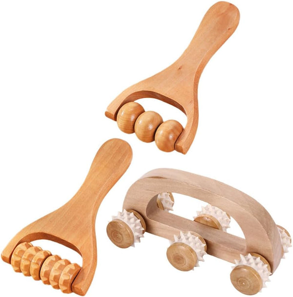 Healvian 3pcs Wooden Massage Roller Tools Manual Wooden Massage Wood Back Massage Roller Wood Massager Handheld Roller for Neck Leg Back Pain Deep Tissue Muscle Massager