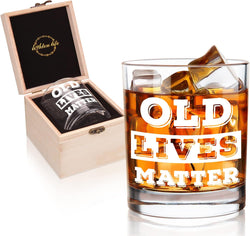 LIGHTEN LIFE Old Lives Matter Whiskey Glass 12 oz,Rock Glass in Valued Wooden Box,Funny Birthday or Retirement Gift for Grandpa,Dad,Old Man,Old Fashioned Whiskey Glass