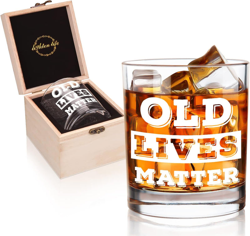 LIGHTEN LIFE Old Lives Matter Whiskey Glass 12 oz,Rock Glass in Valued Wooden Box,Funny Birthday or Retirement Gift for Grandpa,Dad,Old Man,Old Fashioned Whiskey Glass