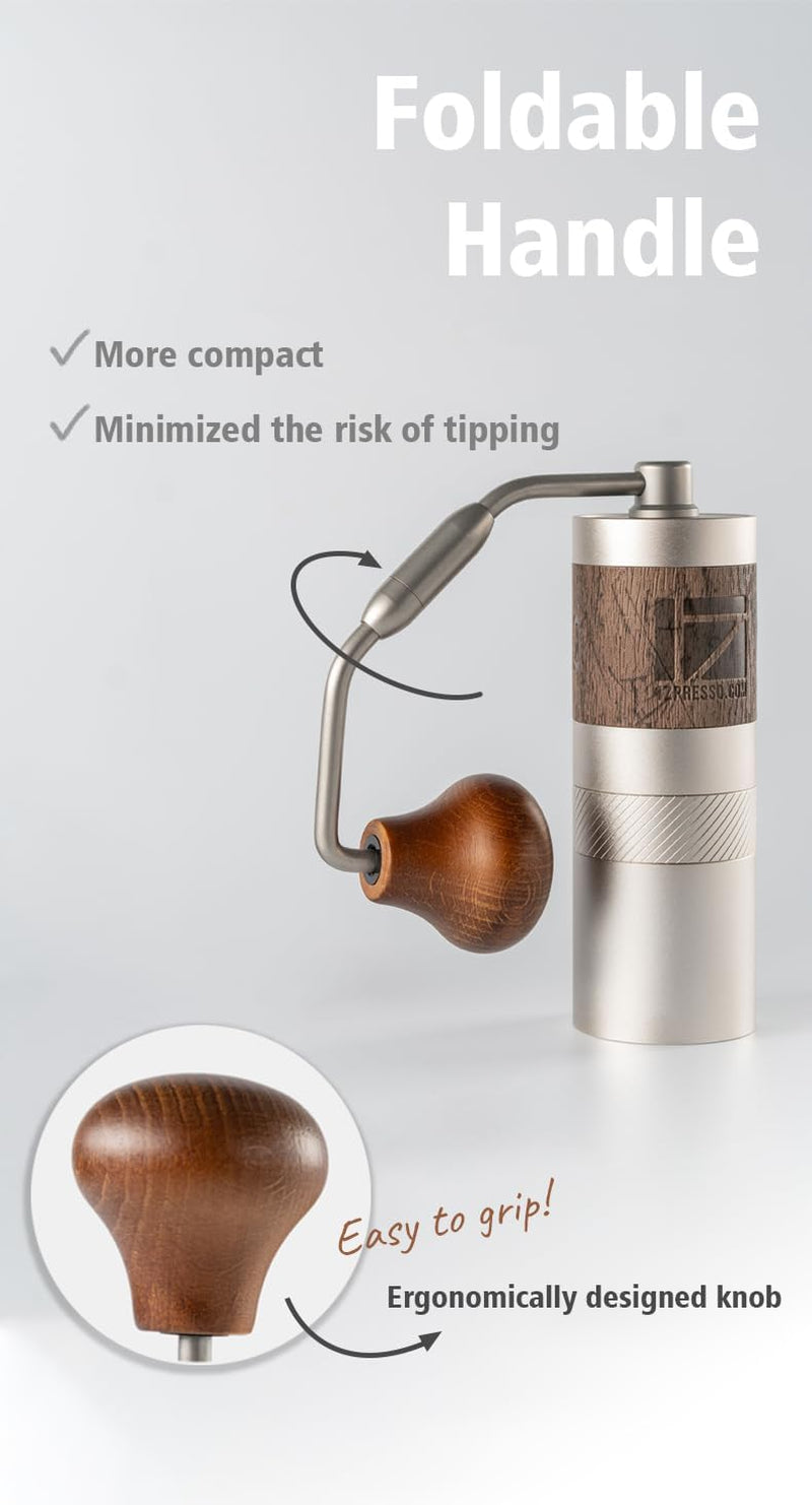 1Zpresso Q2 S Manual Coffee Grinder Heptagonal Version, Foldable Handle, Mini Slim Travel Sized Fits in the plunger of AeroPress, Assembly Stainless Steel Conical Burr, Numerical Adjustable Setting