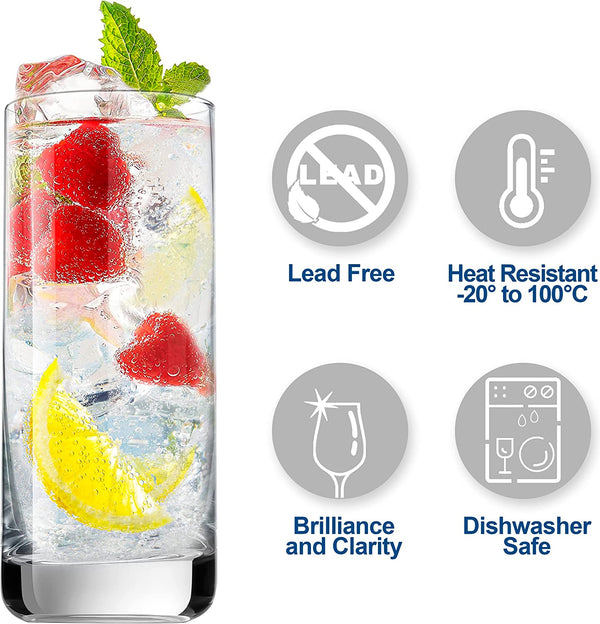 LEYU Highball Drinking Glasses Set of 4, Lead-Free Water Glasses. 13oz Tall Drink Glasses for Tom Collins, Mojito, Mixed Drink. kitchen and bar Cocktail Glass Cups Set-, Clear Glassware Sets