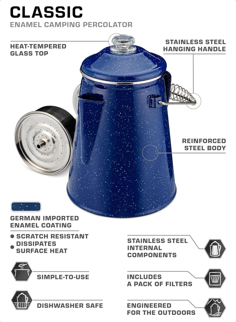 COLETTI Classic Enamel Camping Coffee Pot (Blue, 18 Cup) — Brew Bold Coffee for the Whole Campsite — A Brewmaster’s Best Gear for Great Coffee – XL Campfire Percolator