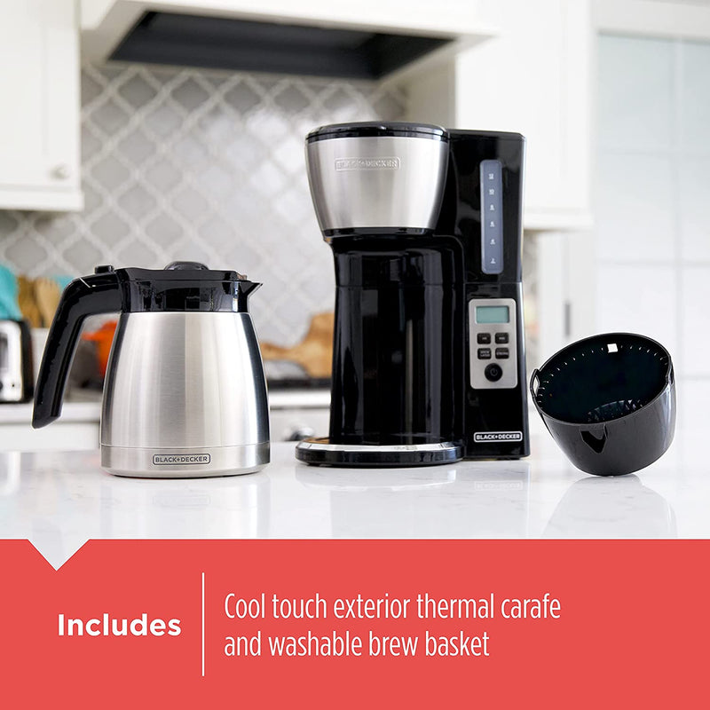 BLACK+DECKER 12 Cup Thermal Programmable Coffee Maker with Brew Strength and VORTEX Technology, Black/Steel, CM2046S