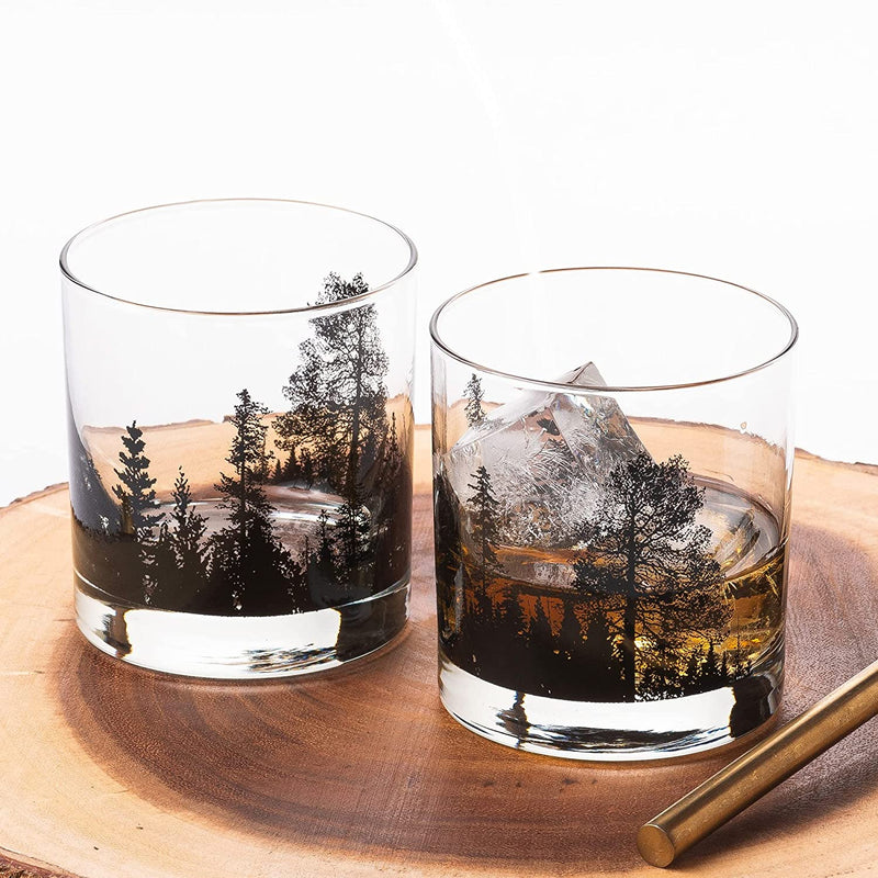 Black Lantern Whiskey Glasses – Forest Landscape Cocktail Glasses - Set of 2 Glasses - Old Fashioned Rock Glass Set - 11oz. Tumbler Glass